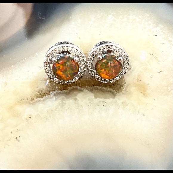 Sterling silver fire opal stud earrings cz halo NEW October Birthstone - Picture 5 of 9